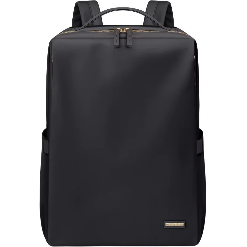 黒いビジネスリュックの正面図で、シンプルなデザインと多収納ポケットが特徴の軽量で小さめなリュック