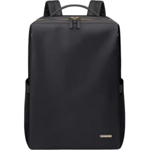 シンプルでコンパクトな黒色のビジネスリュック、15.6インチ対応で多収納ポケット付きの軽量デザイン