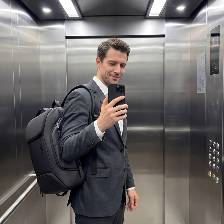 エレベーターの中で、ビジネスリュックを背負いスマートフォンで自撮りするスーツ姿の男性