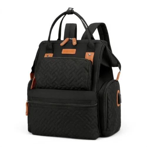 Waterproof diaper bag with USB port and top handles Elegant carryall featuring brown leather details, padded shoulder straps