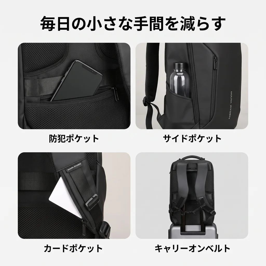 防犯ポケットと便利な収納の詳細 背面の防犯ポケット・サイドポケット・肩ベルトのカードポケット・キャリーオンベルトを並べた画像