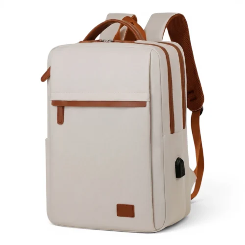 軽量ビジネスリュック 25l レディース 茶色のレザーパーツと外部USBポートを備えたお洒落なスクエア型バックパック