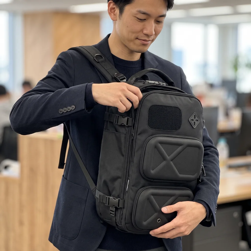 オフィスでリュックを体の前に回して中の荷物を取り出す男性