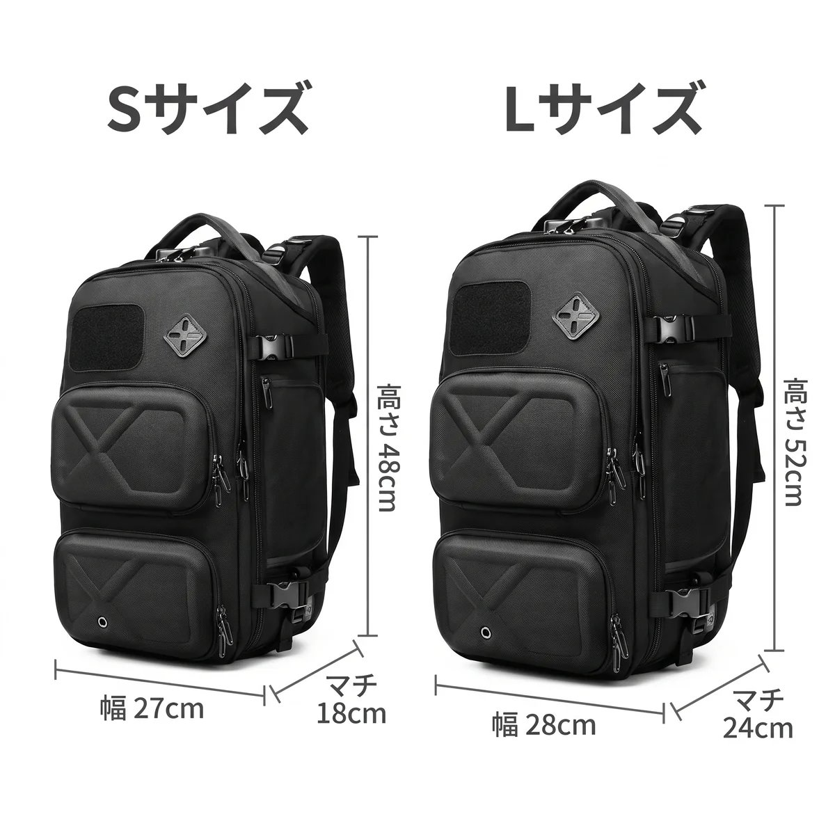 Sサイズは高さ48cm・幅27cm・マチ18cm、Lサイズは高さ52cm・幅28cm・マチ24cm