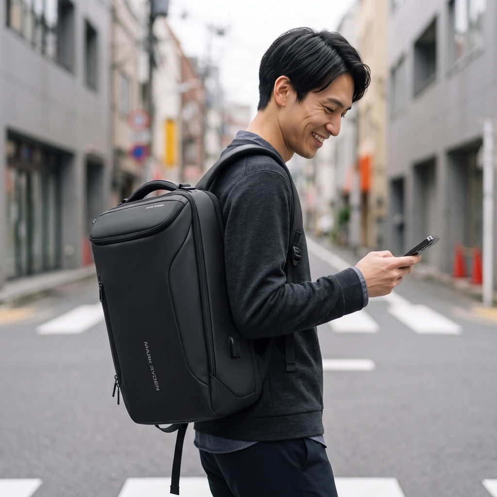 街を歩くときのビジネスリュック 横断歩道でビジネスリュックを背負いスマートフォンを見る男性