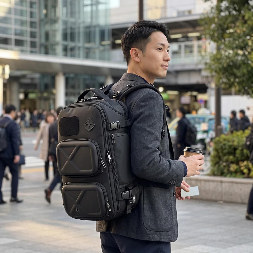 駅前の広場でコーヒーを手にビジネスリュックを背負う男性