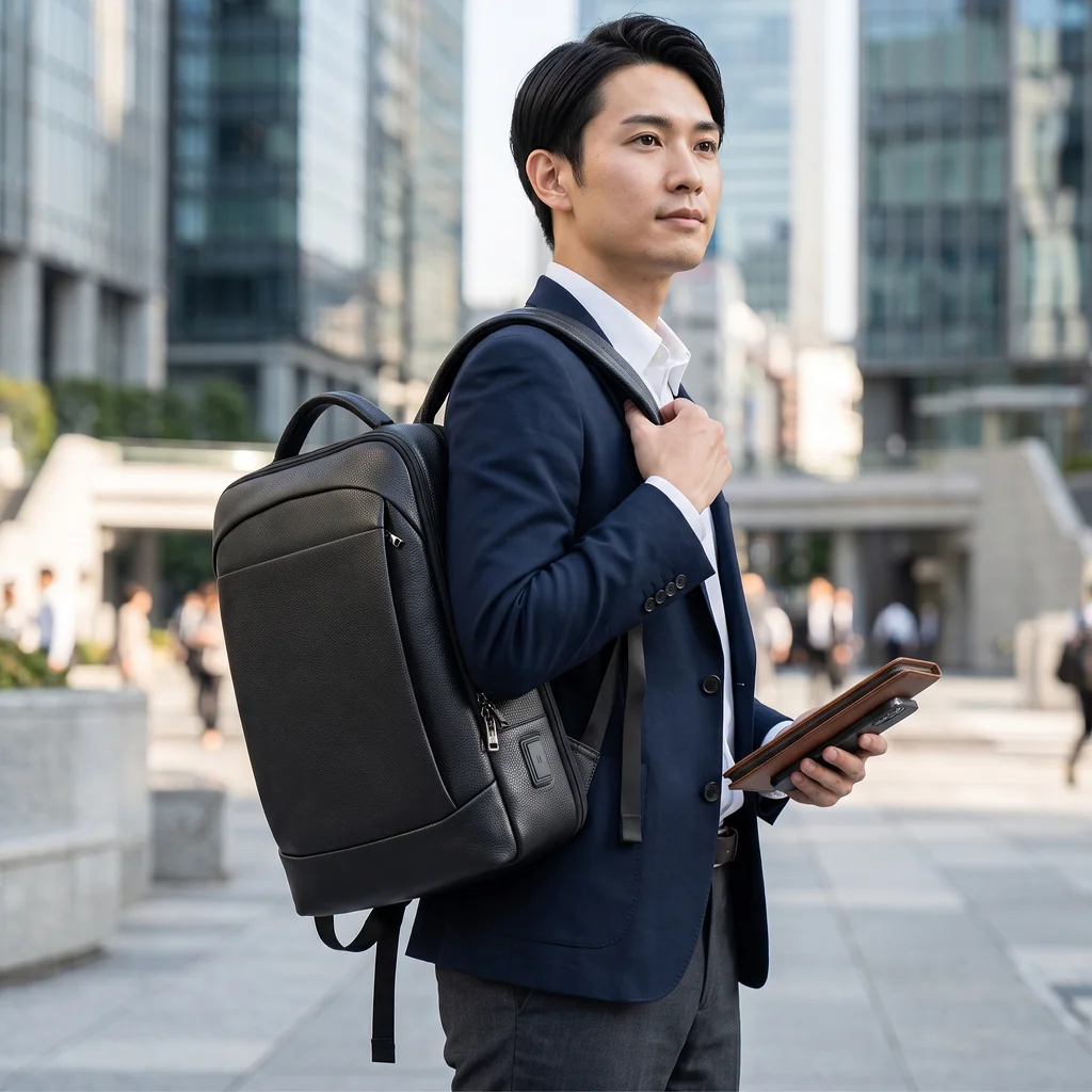 高層ビルが立ち並ぶ近代的な都市広場で、本革製のプレミアム36Lビジネスリュックを背負ってタブレットを持つ男性ビジネスマン。
