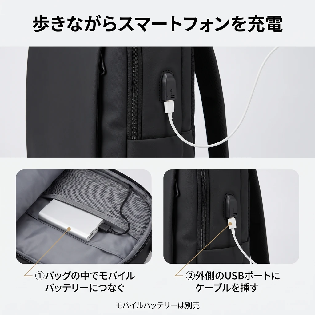 外側USBポートで充電できるビジネスリュック 側面のUSBポートにケーブルを挿し、バッグ内のモバイルバッテリーとつなぐ手順を示したビジネスリュックの画像