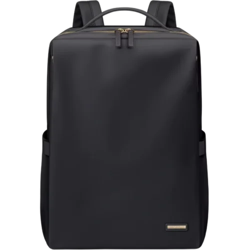 正面から見た黒いビジネスリュックで、滑らかなマット素材にゴールドのジッパーが上品なアクセントになっています。