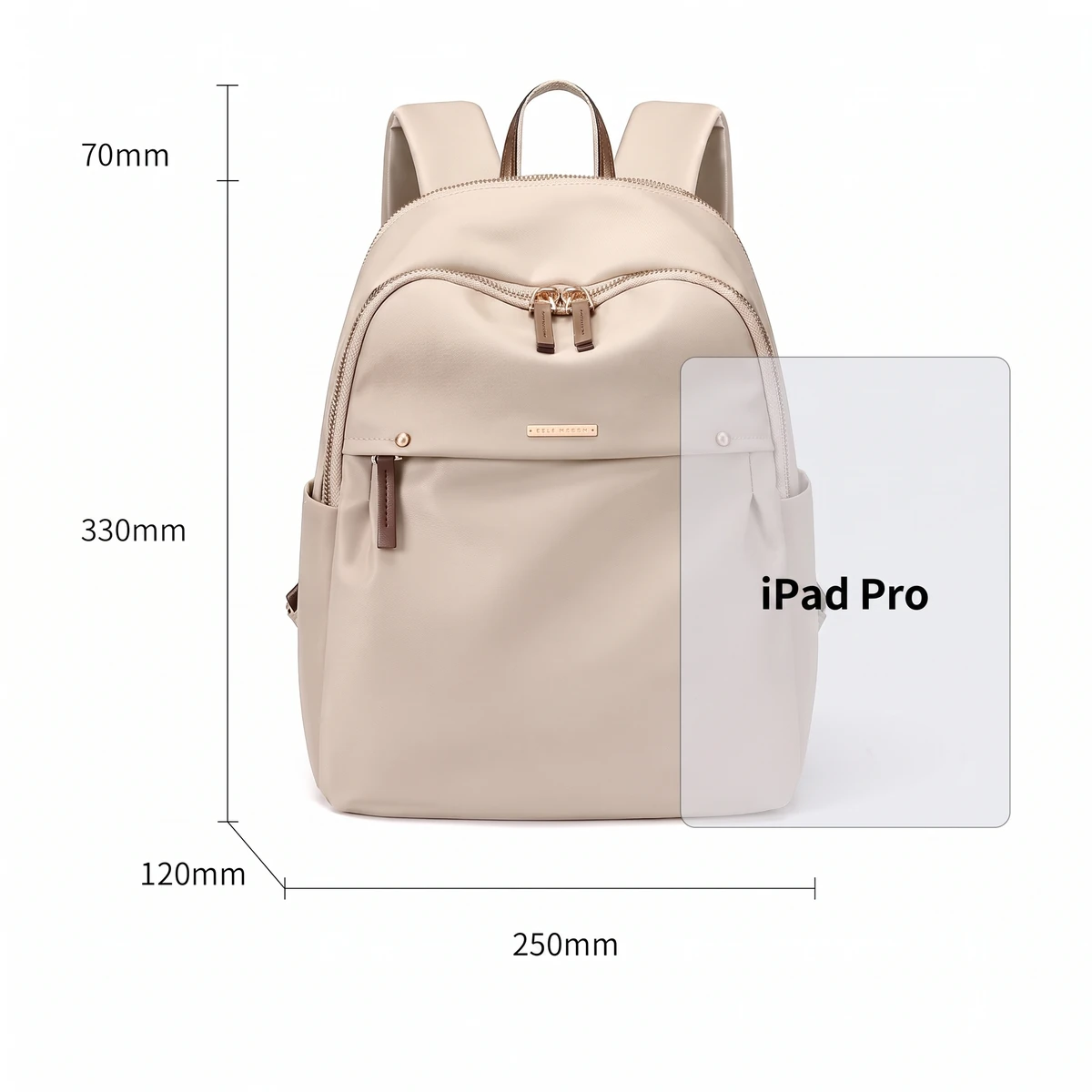 iPad Proを重ねて大きさを比較した上品なベージュの生活防水バックパック