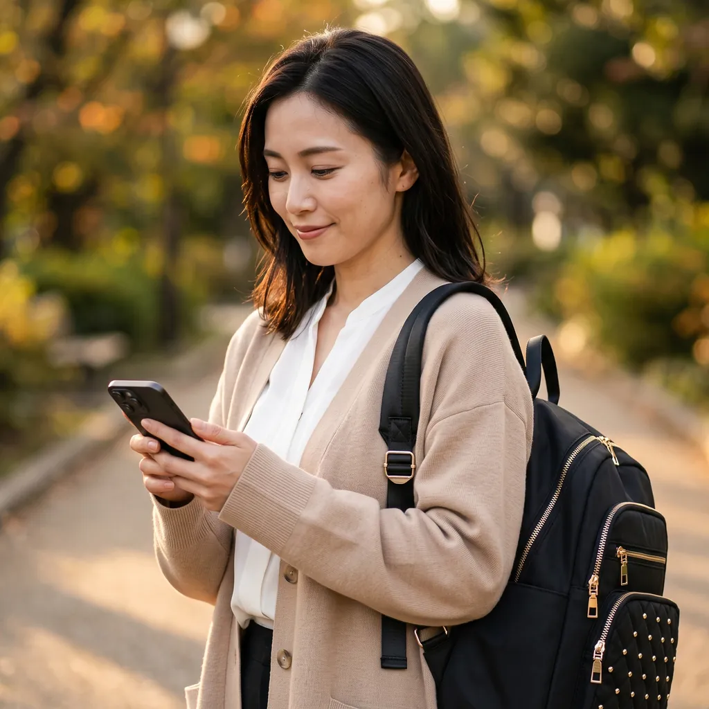 ししゅうが入った可愛いスクエア型リュックを背負い、秋の暖かい木漏れ日が差し込む公園の並木道をスマートフォンを見ながら笑顔で歩く女性。