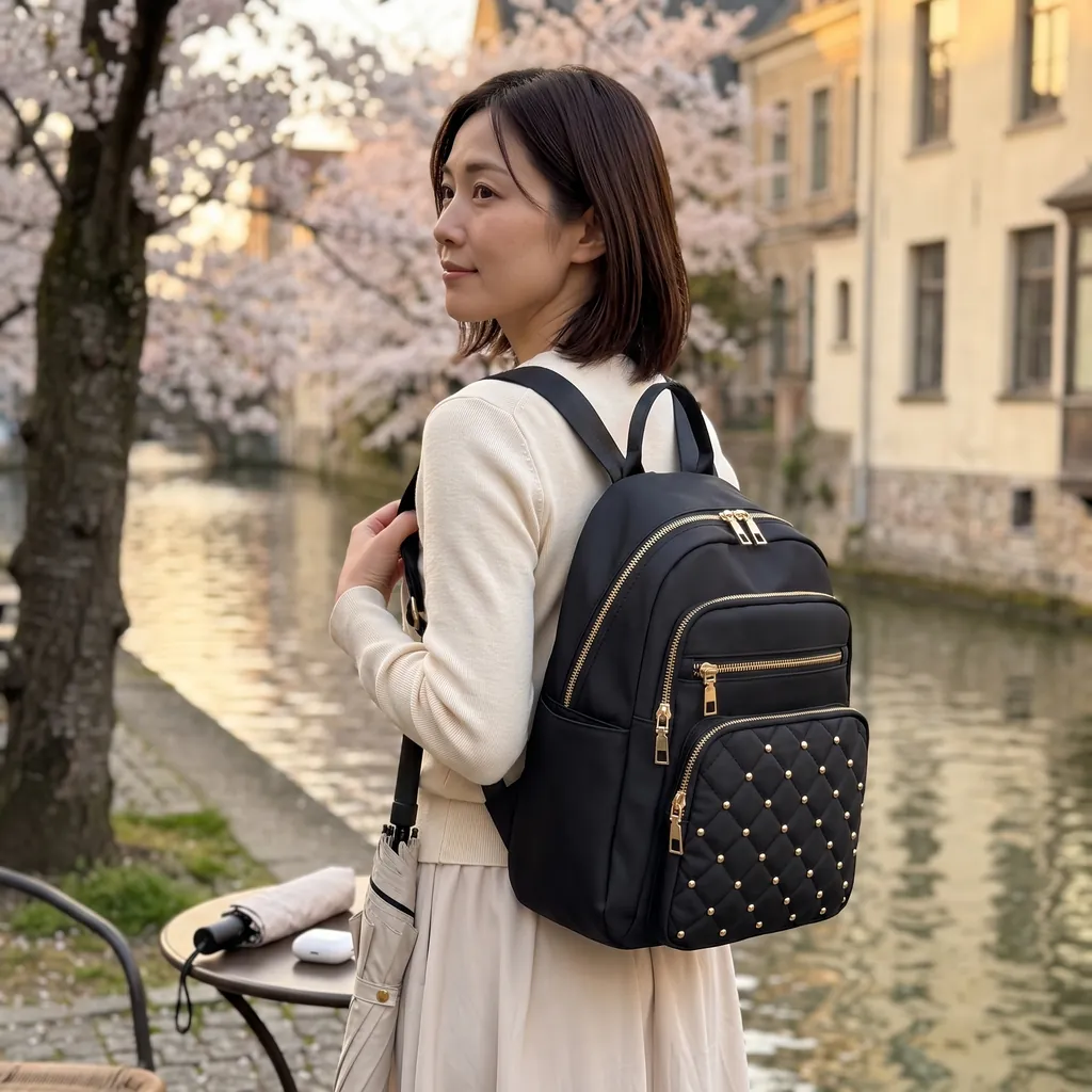 満開の桜と夕暮れの美しいヨーロッパ運河を背景に、上品な刺繍が施された軽量280gスクエア型リュック20Lを背負い旅行する女性。