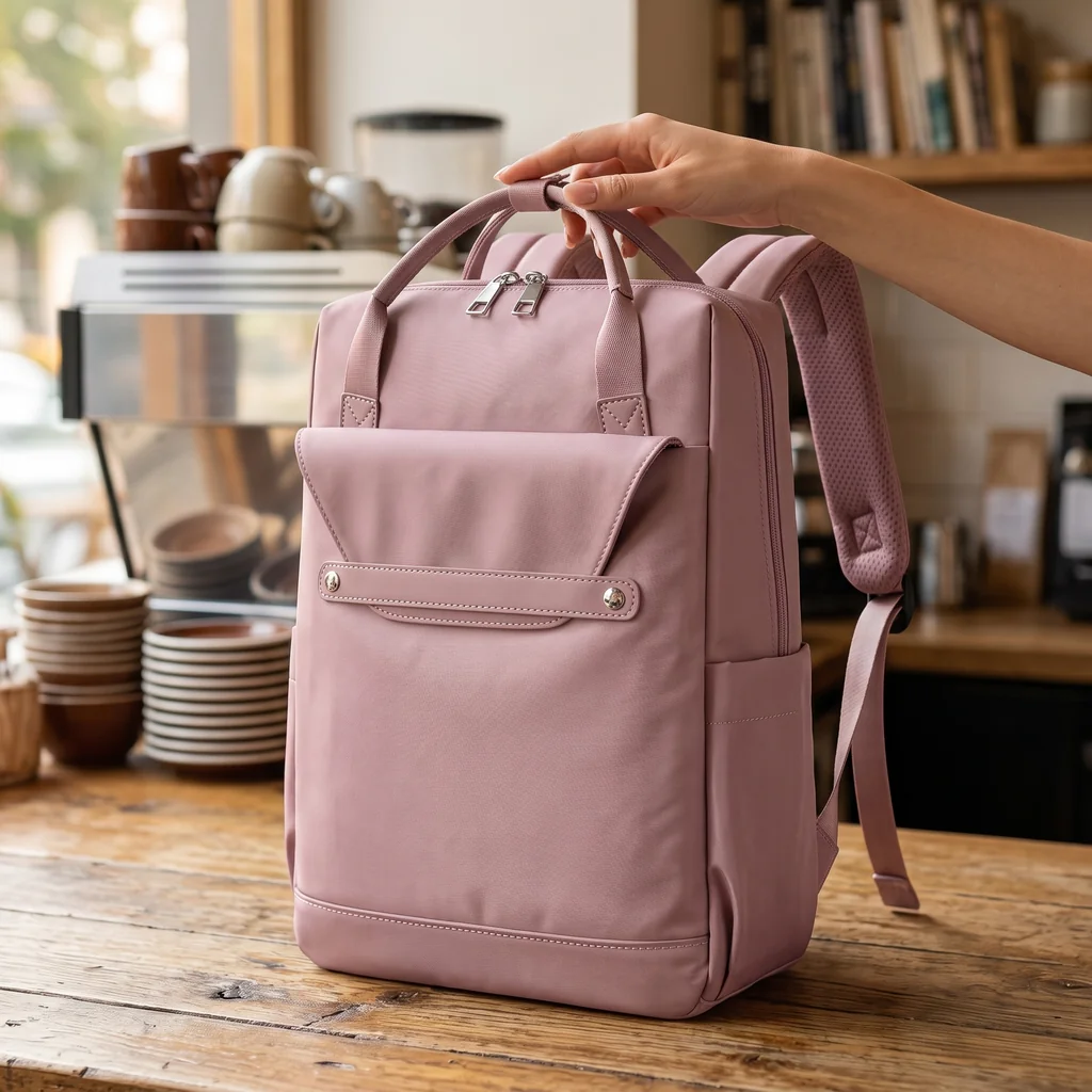 温かい光が差し込むカフェの木製テーブルの上で、手で優しく持たれたおしゃれで可愛い撥水軽量PCリュックサック。