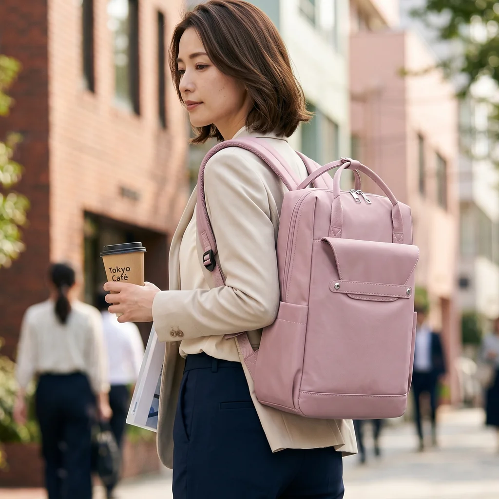 おしゃれなジャケット姿でコーヒーを持つ女性が、16インチPC対応の防水軽量バックパックを背負い、陽が差し込む街並みを歩く様子