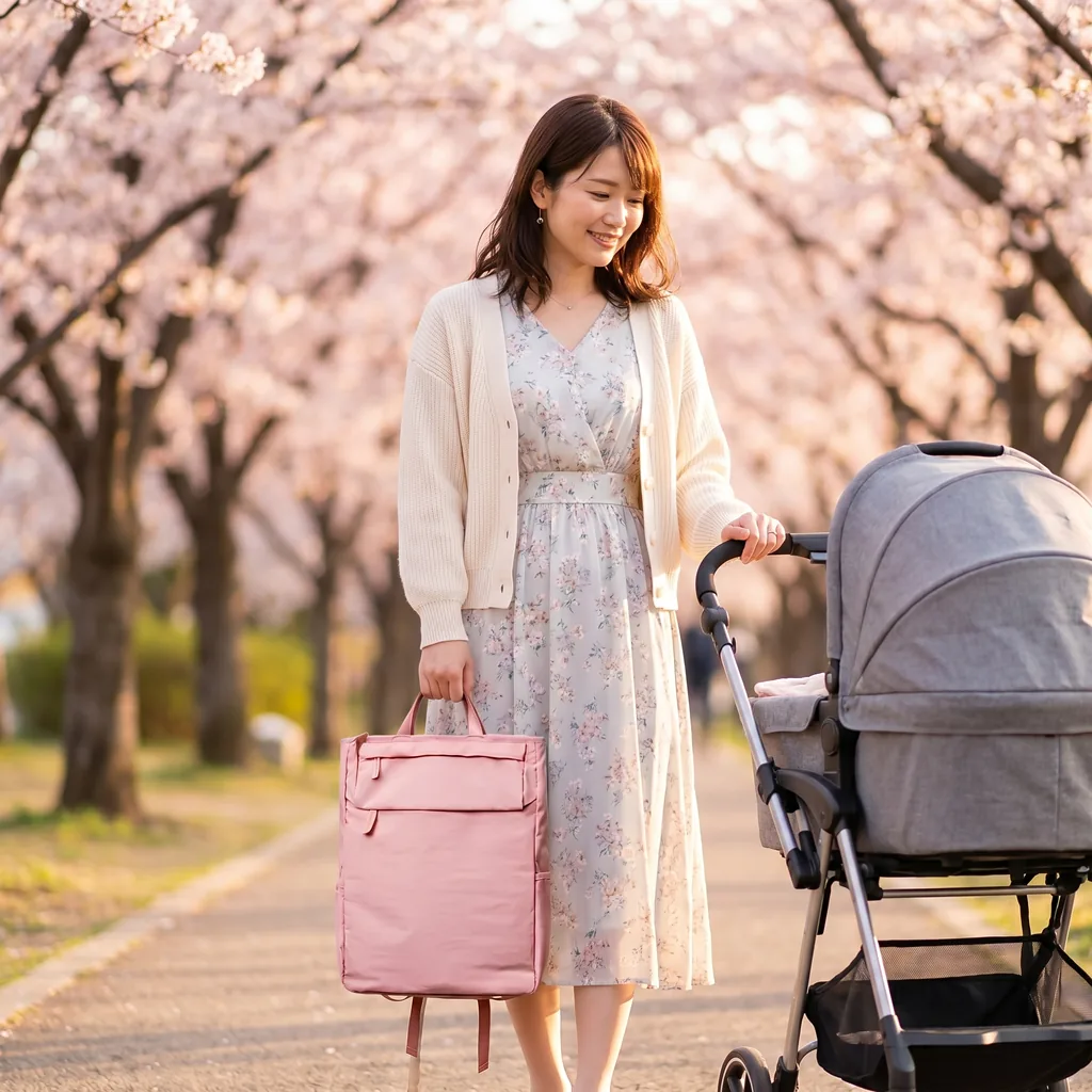 桜が咲き誇る春の並木道で、グレーのベビーカーと歩く、20L大容量で軽量な防水断熱マザーズバッグを持つ花柄ワンピース姿の笑顔の母親