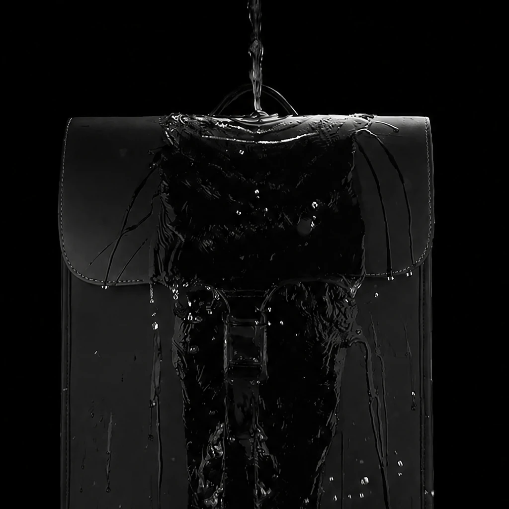 黒背景のスタジオ照明の中で激しい水しぶきを弾くメンズ用のおしゃれな自立型20L撥水スクエアバックパック