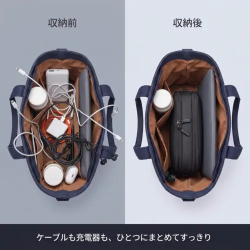 ガジェットポーチ 収納前と収納後の比較 バッグの中で散らかったケーブルや充電器を、ガジェットポーチひとつにまとめた収納前と収納後の比較