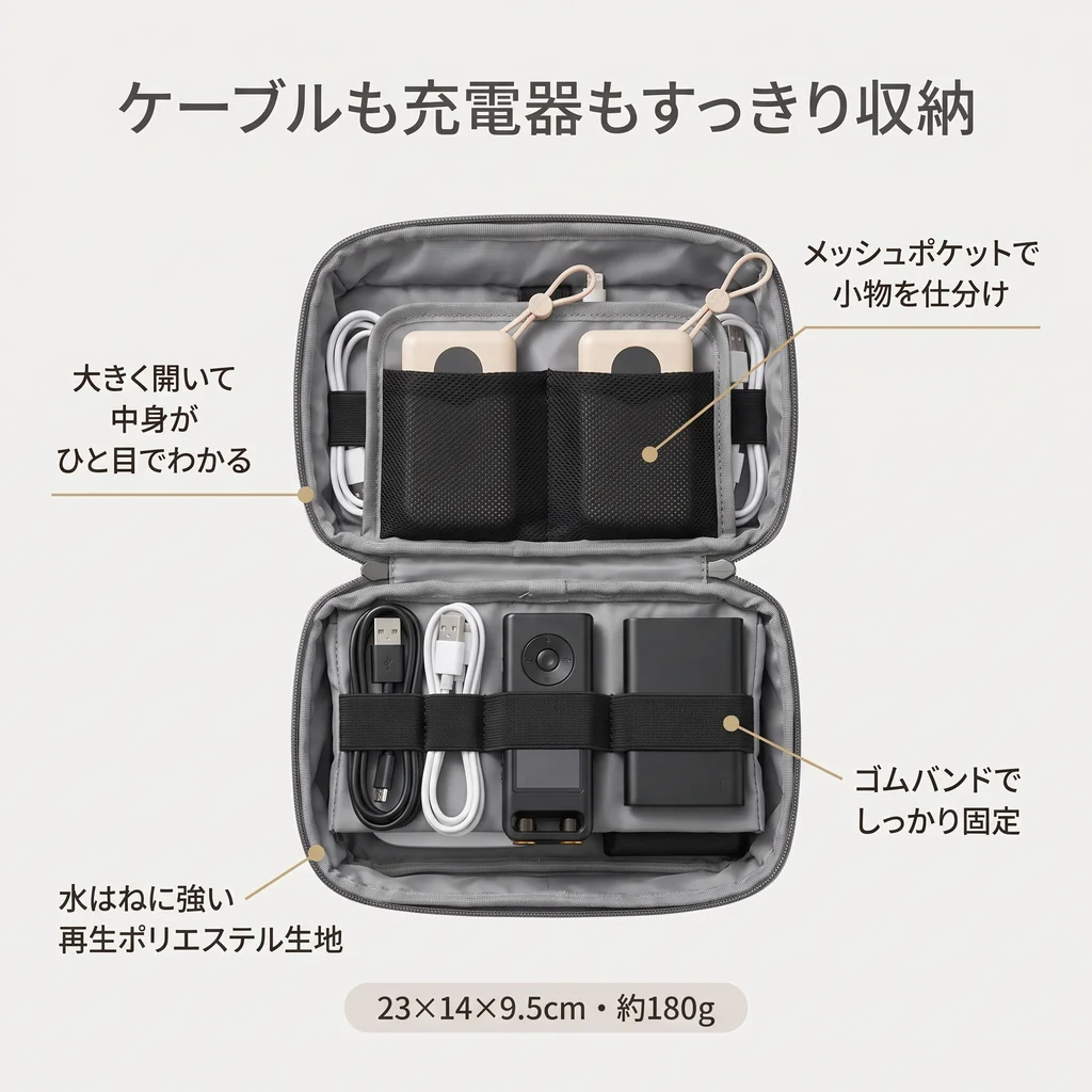 メッシュポケット、ゴムバンド、水はねに強い再生ポリエステル生地を説明したガジェットポーチの図解。