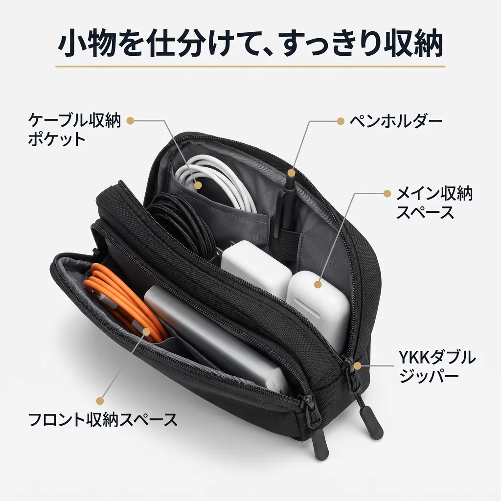 開いたガジェットポーチの内部、ケーブル収納ポケットやペンホルダーなど各収納の説明付き