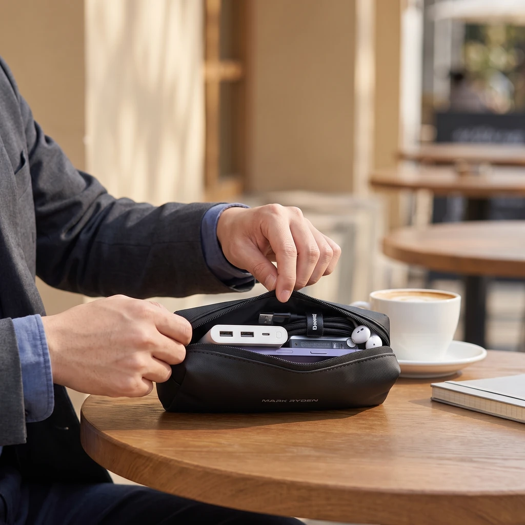 カフェのテラス席で収納ポーチを開け、ケーブルやモバイルバッテリーを取り出す手元。