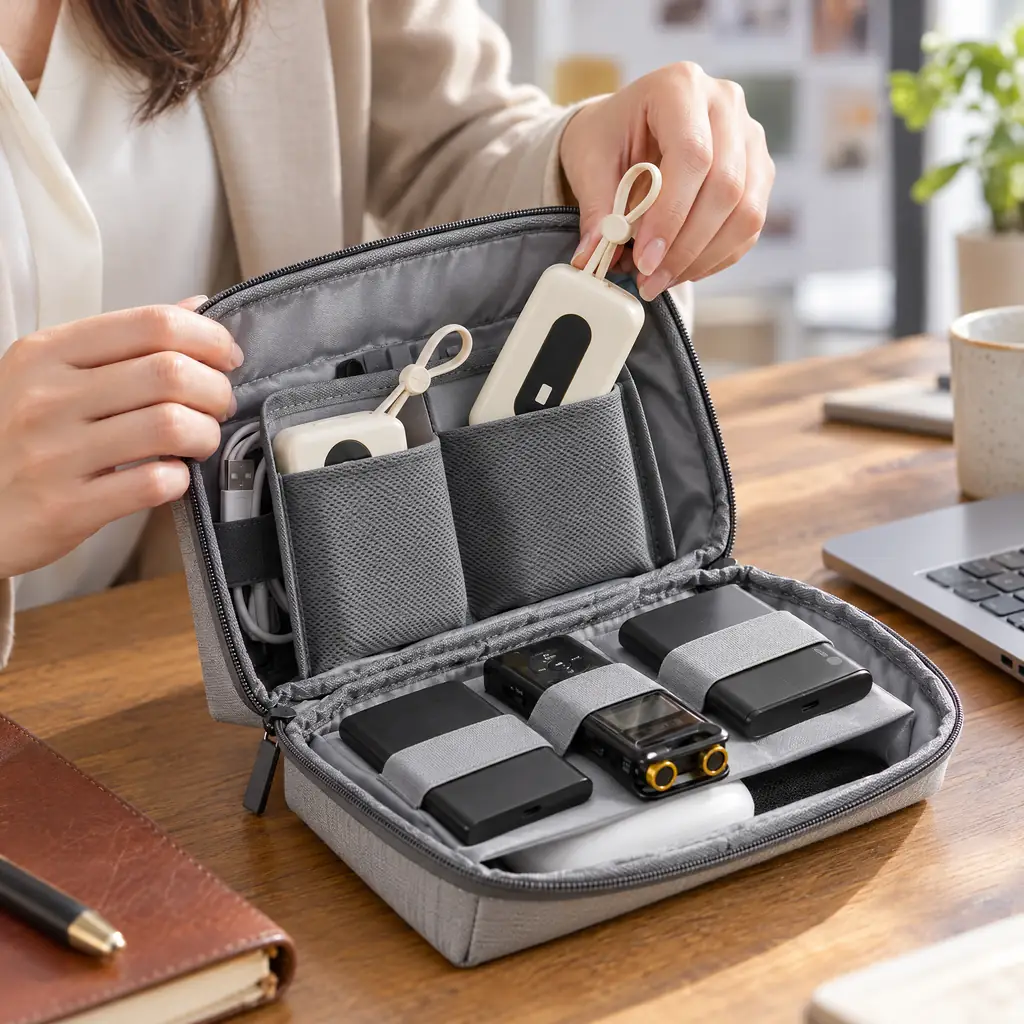 木のデスクでガジェットポーチを開き、モバイルバッテリーを取り出す手元。