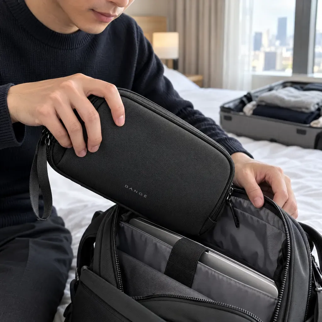 ホテルの部屋でガジェットポーチをリュックのPC収納に入れる出張のシーン