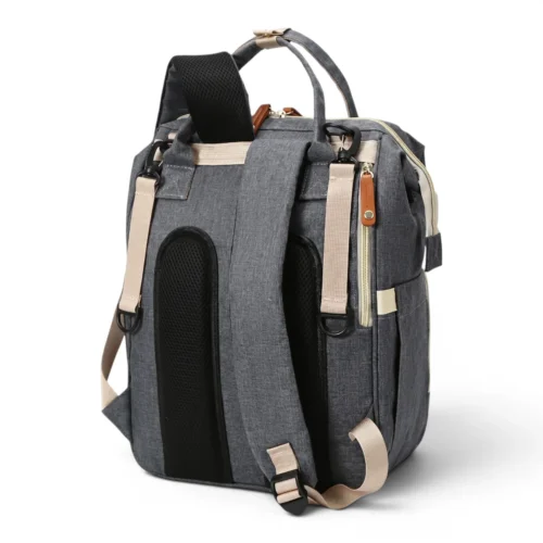 Rear view of a grey diaper bag showing ergonomic mesh padded shoulder straps