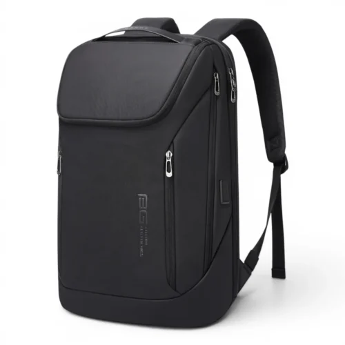 16インチpc対応のスタイリッシュなメンズビジネスリュック シルバーのファスナーとクッション入り肩ストラップ、側面にUSBポートを搭載したマットブラックの生活防水バックパック。