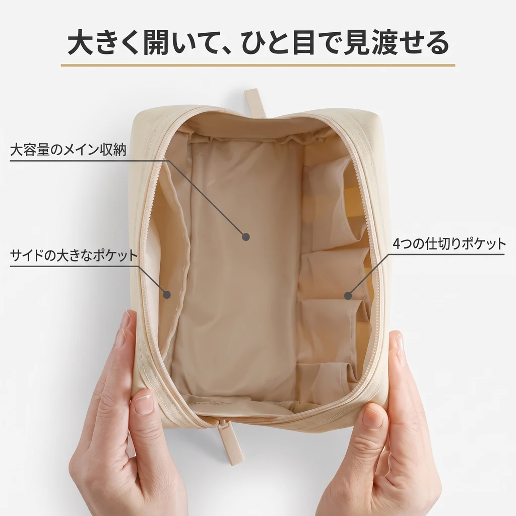 大きく開いたメイクポーチの内側。大容量のメイン収納、サイドの大きなポケット、4つの仕切りポケット