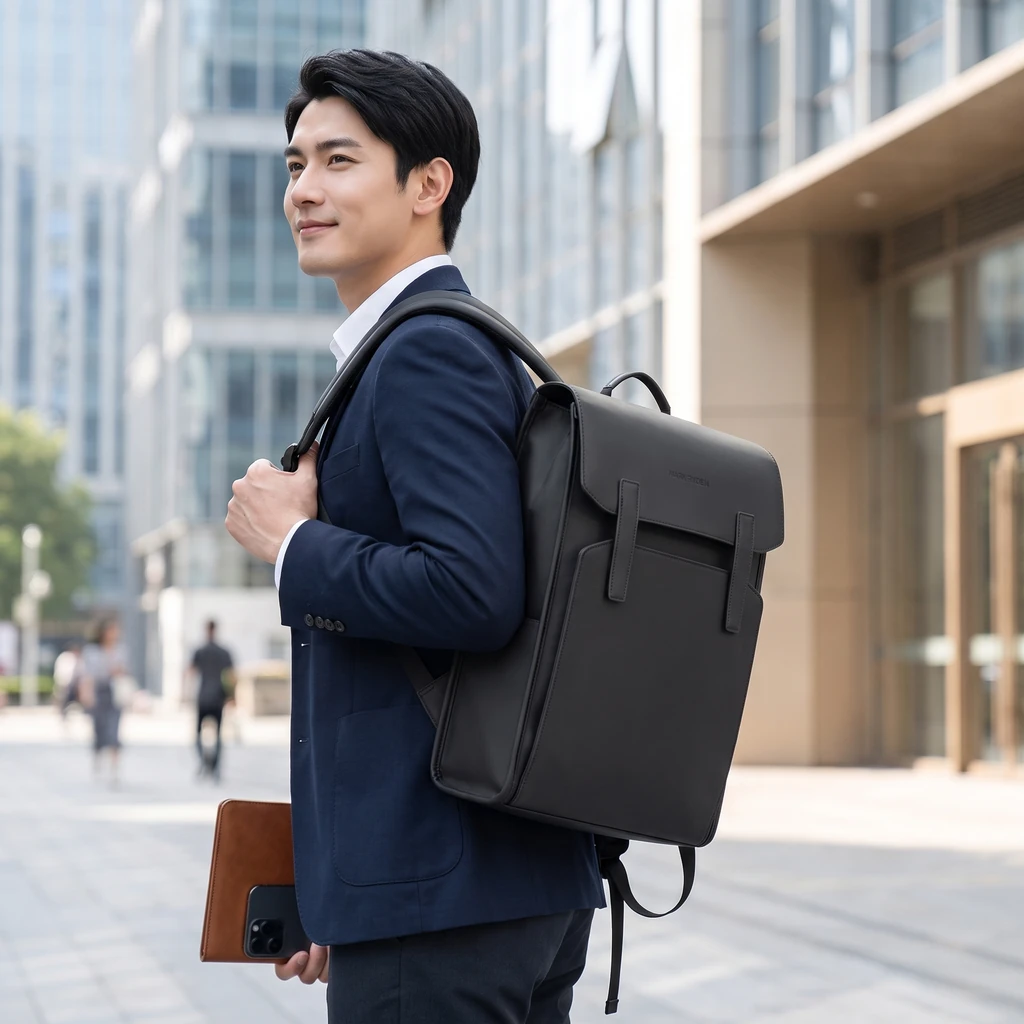 オフィス街を歩くジャケット姿の男性が片方の肩にリュックをかけている