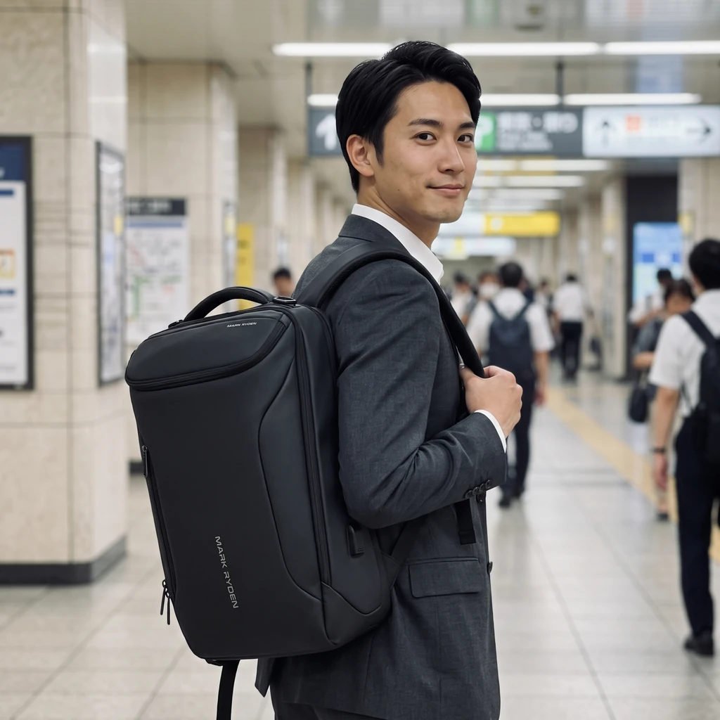 通勤の駅で使うビジネスリュック 駅の構内でスーツ姿の男性がビジネスリュックを背負っている様子