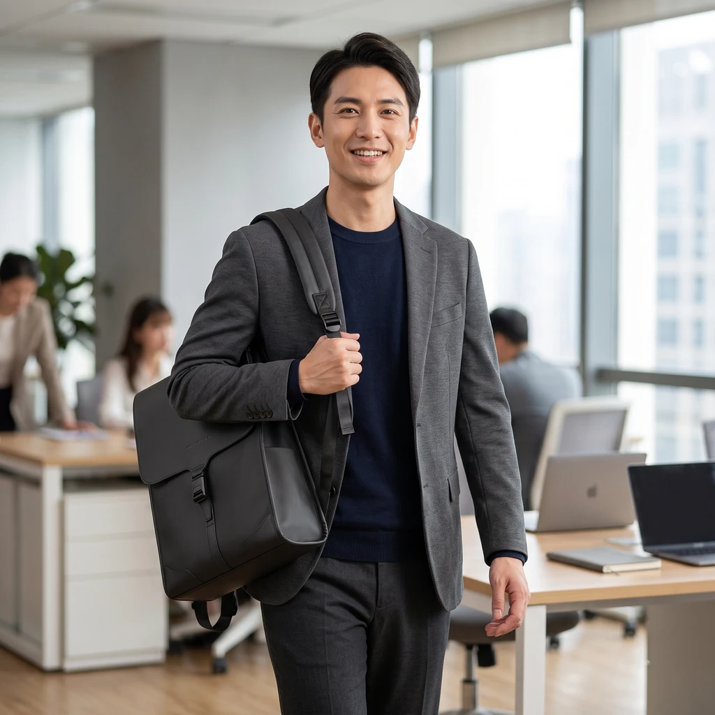 明るいオフィスで、自立するスクエア型20Lリュックを片方の肩に掛けて歩く男性。撥水オックスフォード素材の洗練されたシルエット。