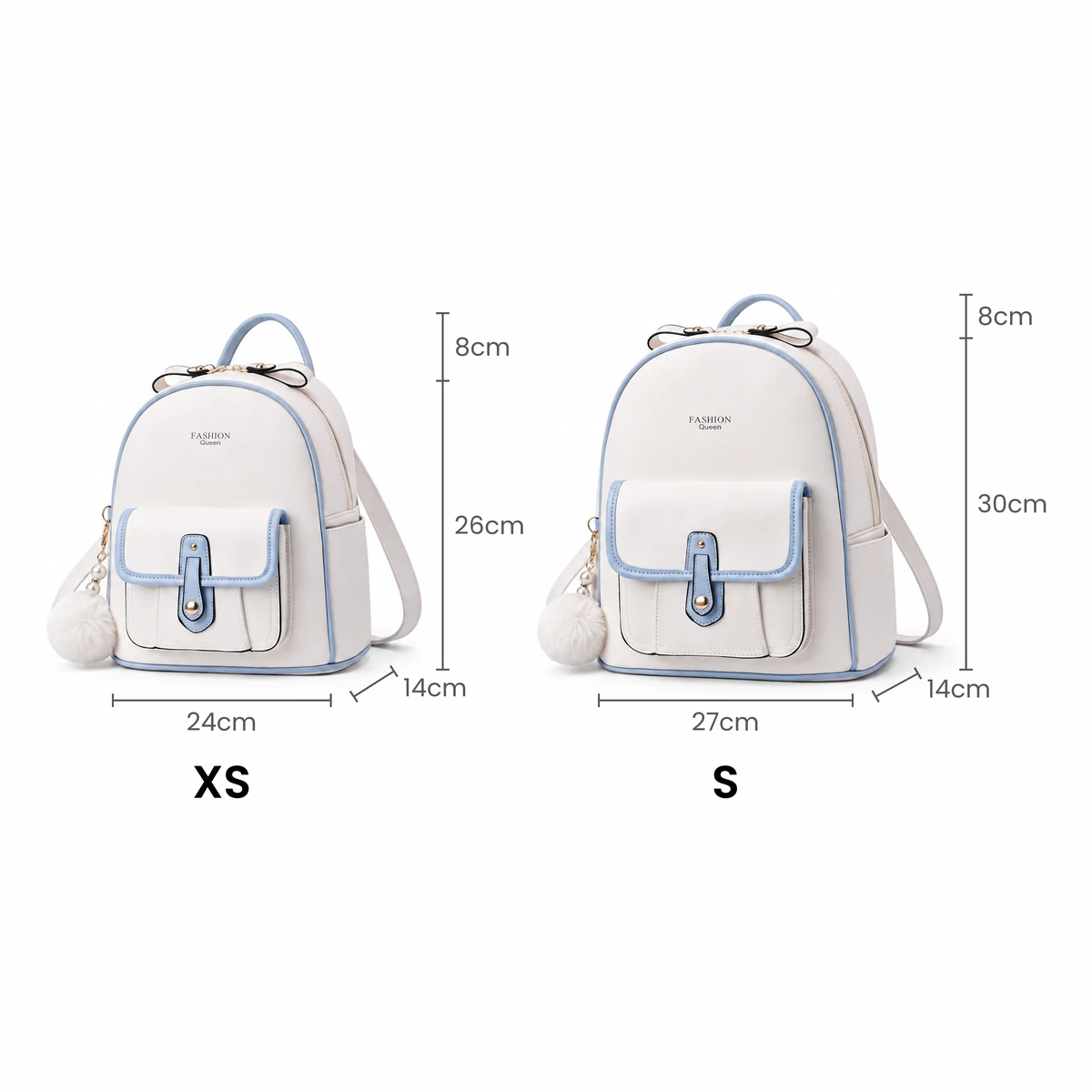 ミニリュックのサイズ比較。XSは横24×高さ26×マチ14cm、Sは横27×高さ30×マチ14cm、持ち手はどちらも8cm
