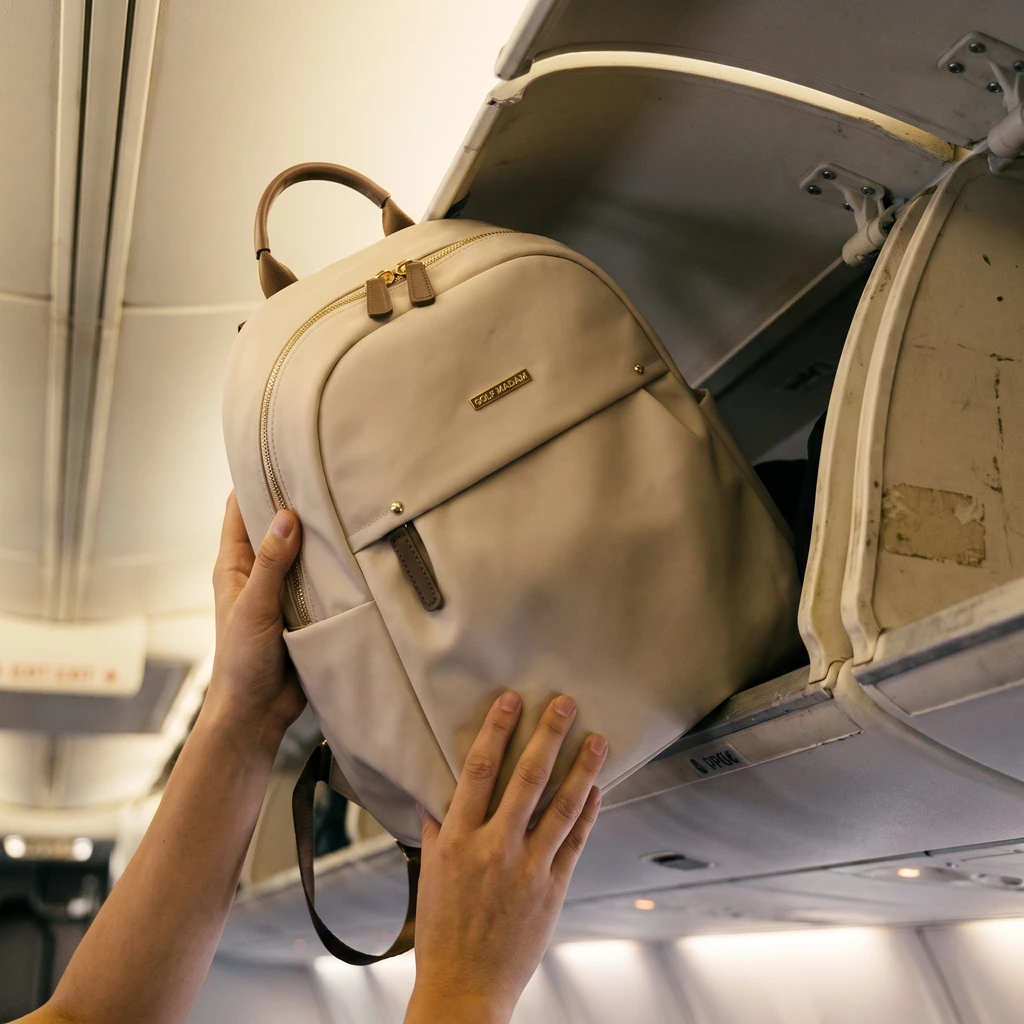 飛行機の頭上荷物棚に優しく収納される、おしゃれな女性用ミニマルミニバックパック。温かみのある機内照明が心地よい旅を演出します。