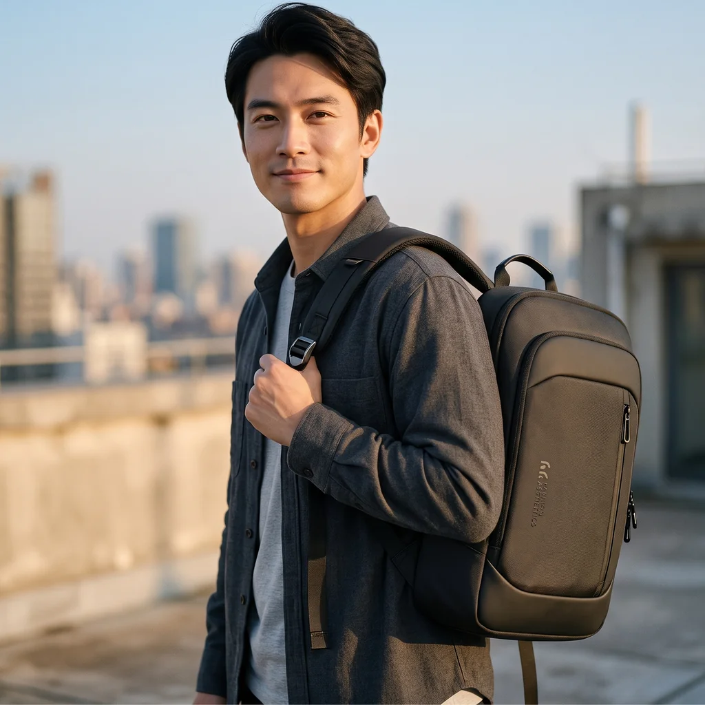 生活防水加工を施したスリムな15.6インチPCバックパック 都会の屋上で夕日を浴びながら、生活防水仕様のスリムな15.6インチPCバックパックを背負って微笑む、グレーのシャツを着たビジネスマンの姿。