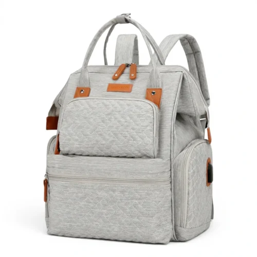 Sac à langer imperméable texturé couleur gris clair aux détails marron