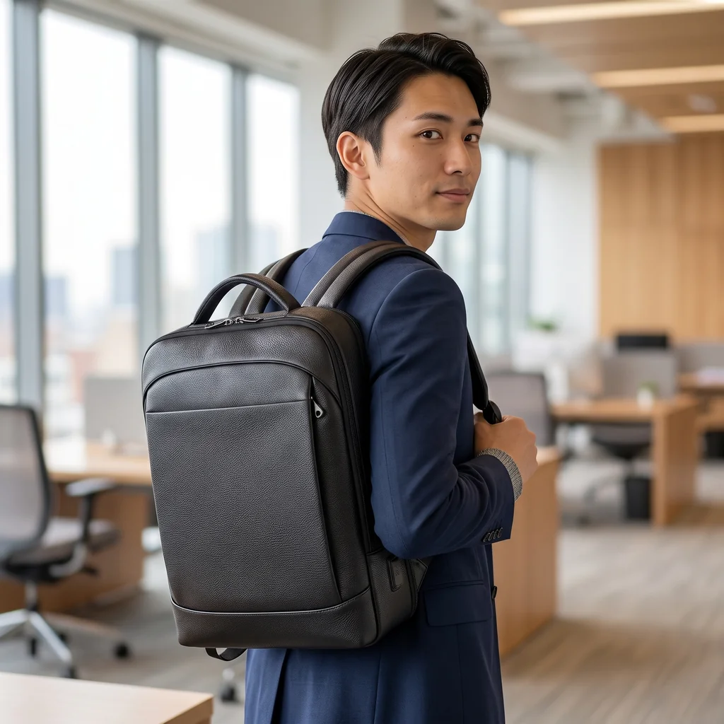陽光が差し込むオフィスで、ネイビースーツの男性が背負う16インチ対応のプレミアムなメンズ本革ビジネスリュック（容量36L）。