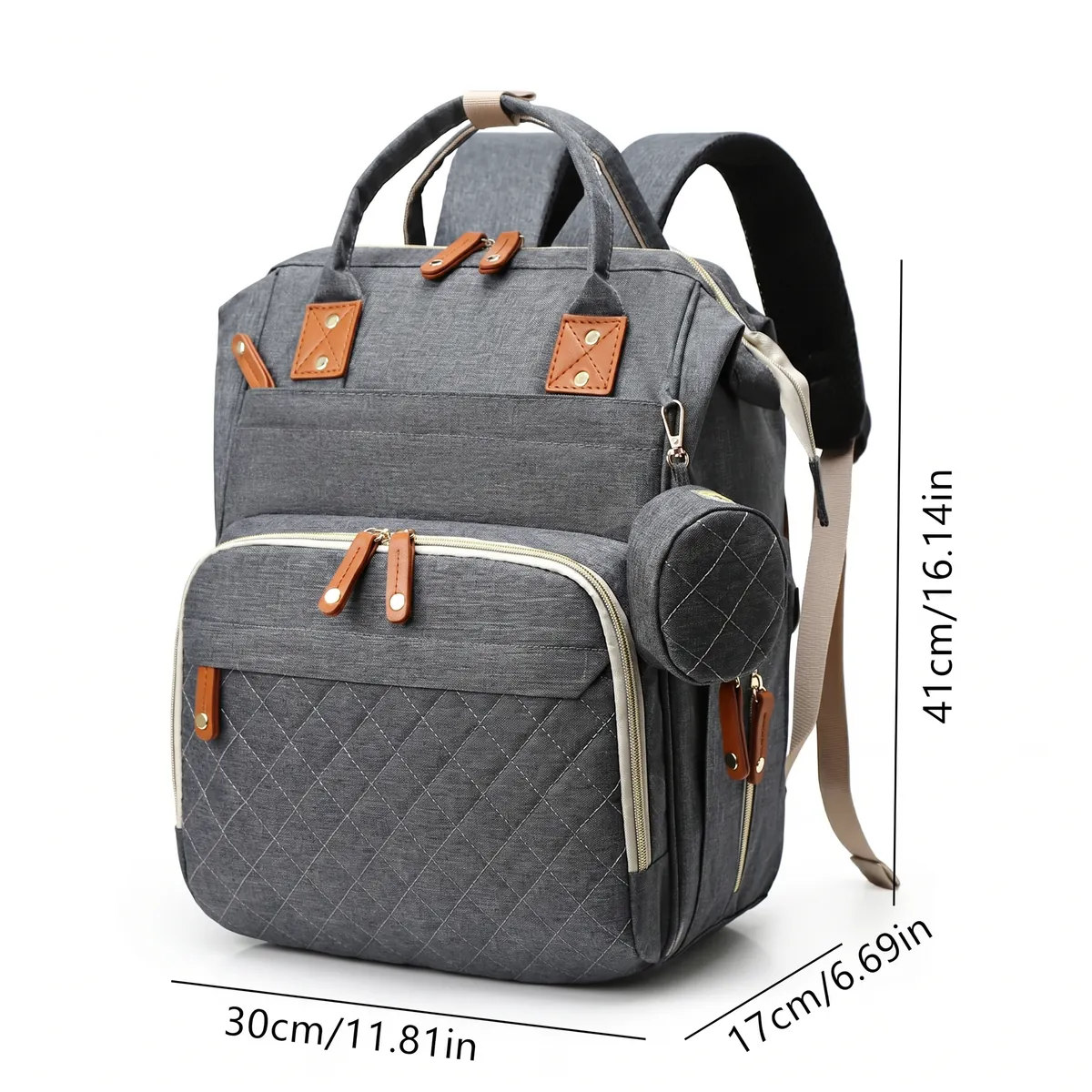 Sac de maternité gris foncé avec dimensions et sa pochette amovible.