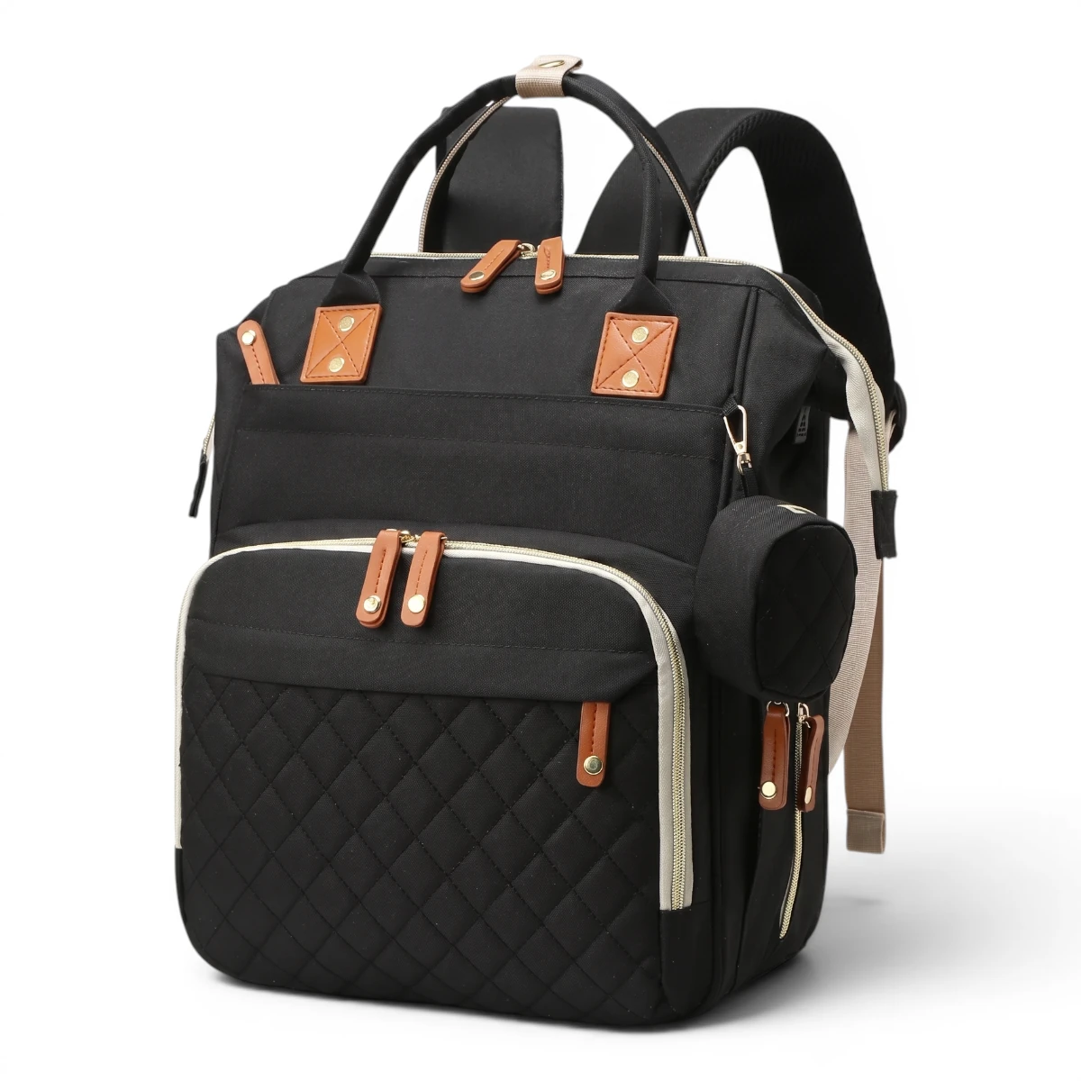 Stylish dark organizer featuring leather details and matching circular coin purse