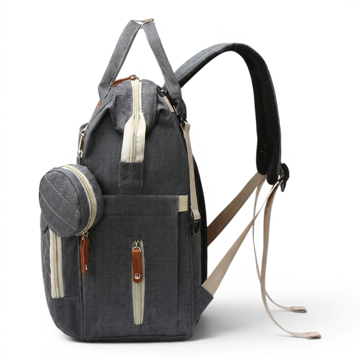 Sac de maternité gris foncé de profil avec sa petite pochette ronde