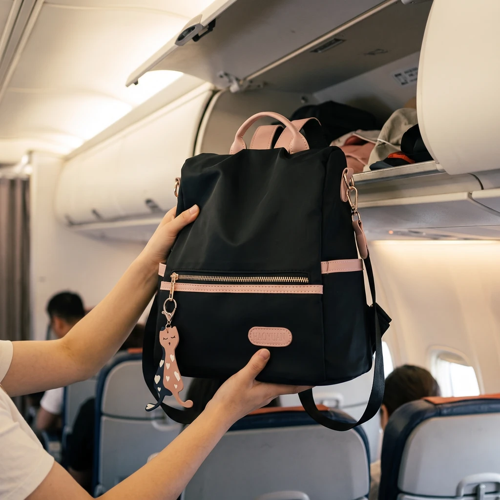 明るく開放的な飛行機の客室にて、頭上の荷物収納棚に軽量な2WAY仕様のミニバックパックを両手で持ち上げて収納する様子。
