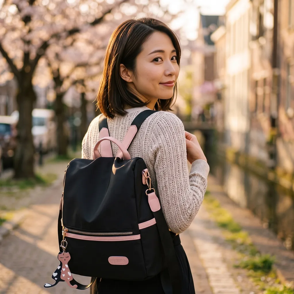 春の夕暮れ、桜が美しい運河沿いで2wayの可愛い20L軽量スモールリュックを背負い、笑顔で振り返るベージュのセーターを着た女性。