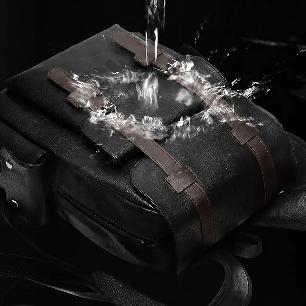 黒い防水フェイクレザーのレトロなメンズリュックサックに水が激しく降り注ぎ、暗闇の中で水滴が美しく飛び散るドラマチックなスタジオカット。