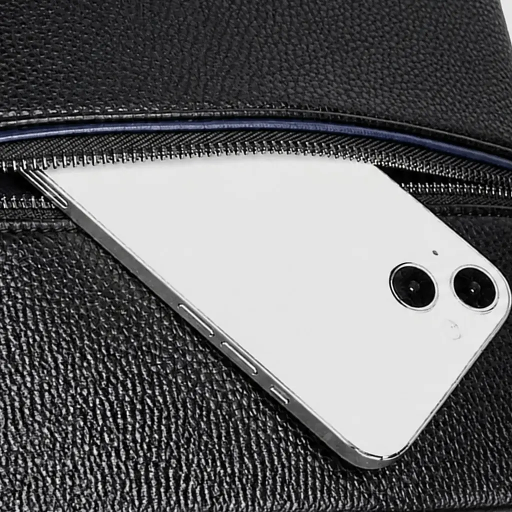 黒の型押しレザービジネスリュックのフロントポケットに、白いスマートフォンをスムーズに収納するスタイリッシュな手元のズームアップ。
