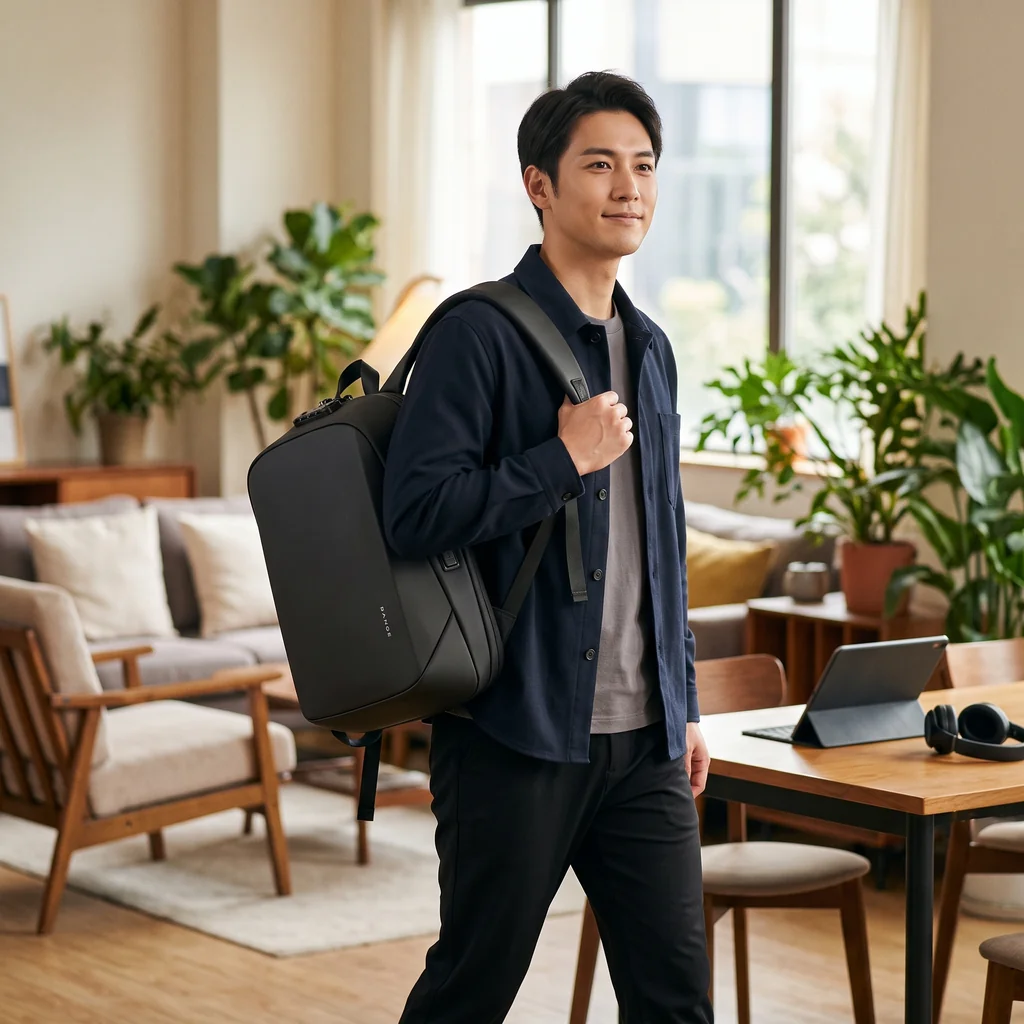 光の差すリビングで、15インチPCに対応する20L防水スマートPCリュックを片方の肩に掛けて歩く男性。TSAロック搭載のブラック。