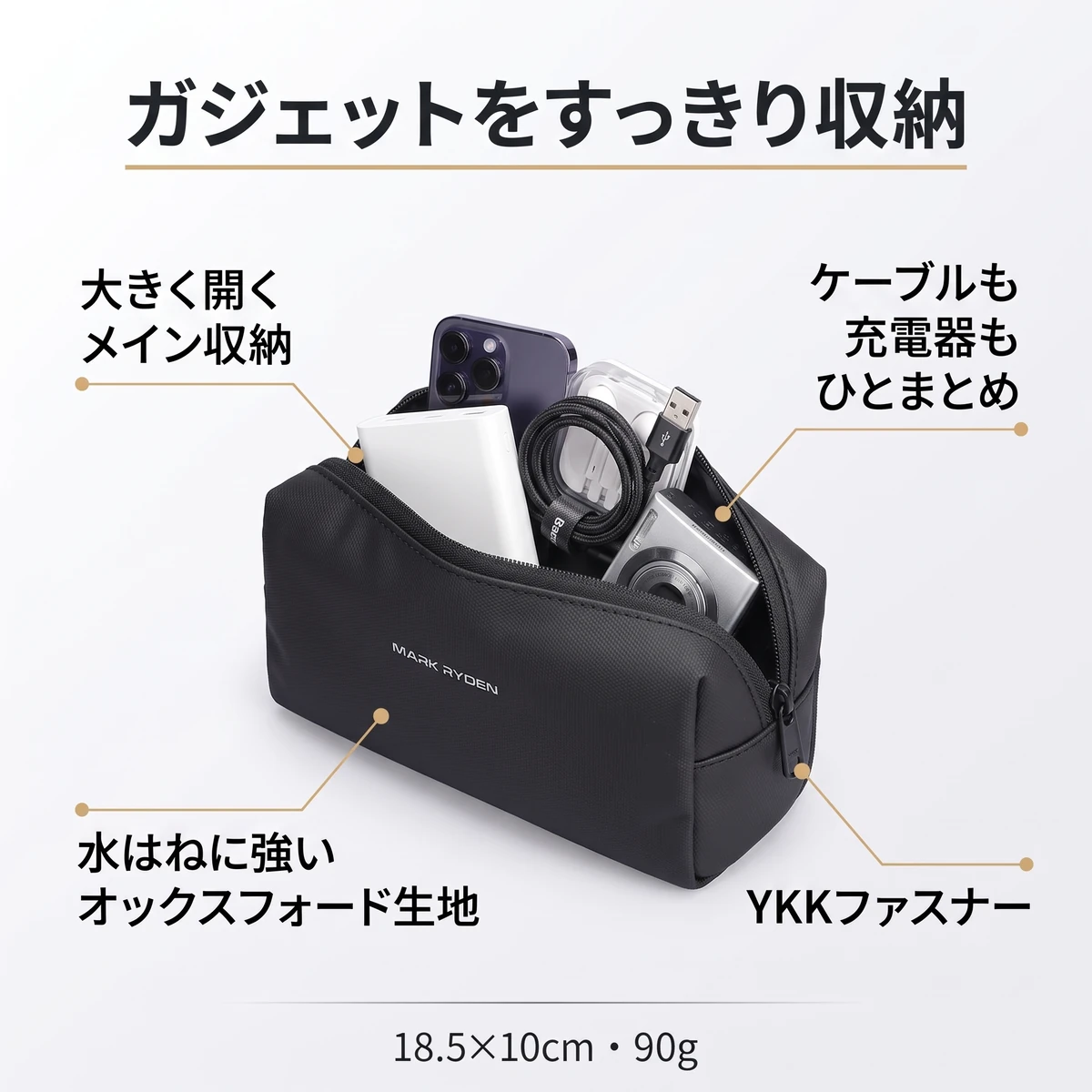 大きく開くメイン収納、YKKファスナー、生活防水オックスフォード生地を説明した収納ポーチの図解。