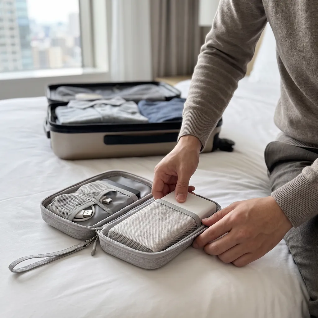 ホテルの部屋でスーツケースの前、ポーチにモバイルバッテリーを入れる手元