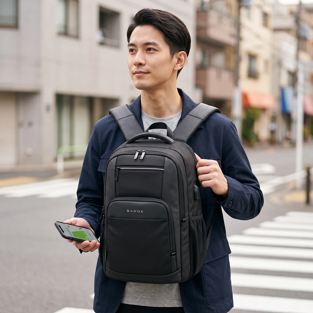 15.6インチのPC対応アーバンバックパックを背負い、スマホを片手に横断歩道の近くに立つおしゃれな男性の都会的な通勤スタイル。