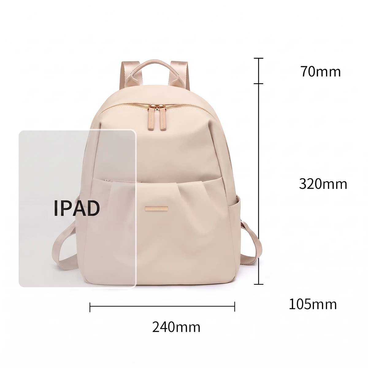 iPadの収納目安と本体サイズが表示された上品なベージュのレディースミニリュック