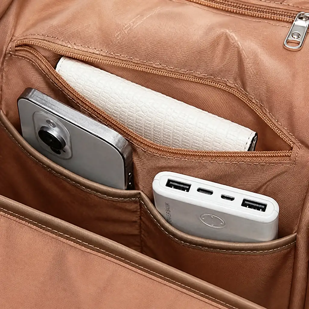 温かみのあるベージュの裏地に財布やスマートフォン、モバイルバッテリーが綺麗に収納された軽量レディースリュックの内ポケット